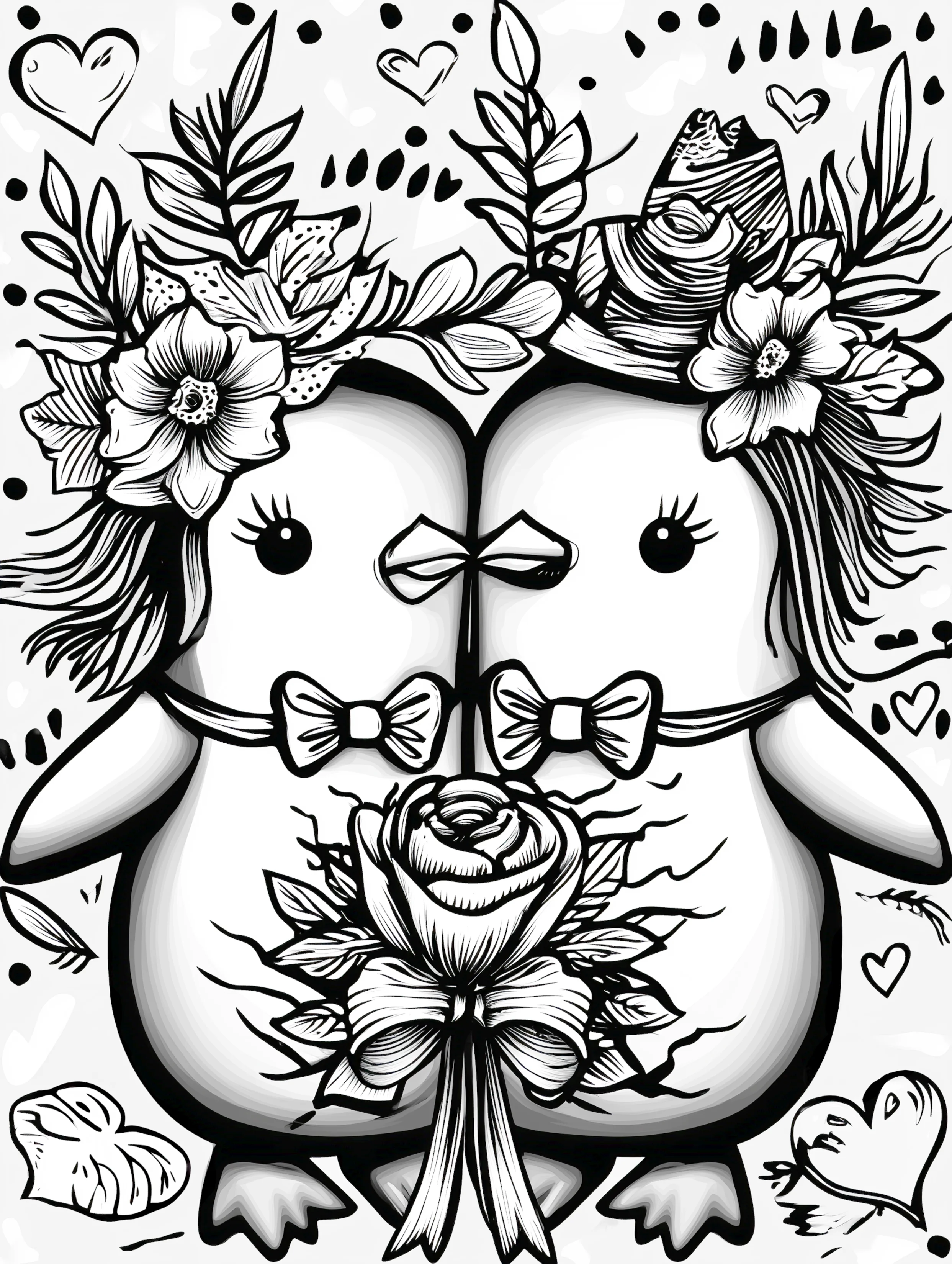 Free printable valentines coloring pages for adults featuring two penguins connected in love